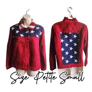 Womens Vintage American Flag Jacket Size S Petite Chenille Stars Stripes